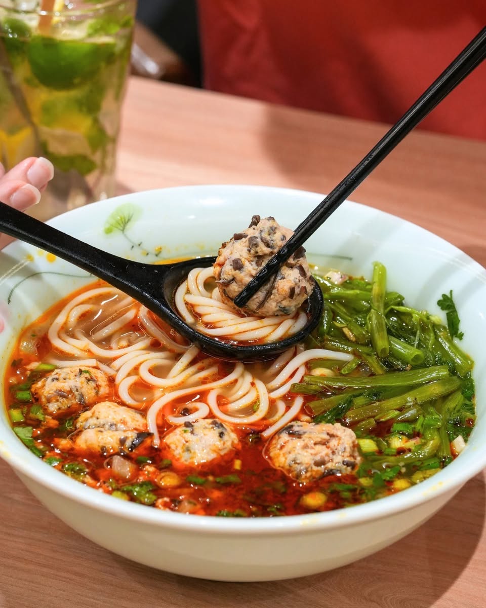 Meatball noodle soup with vegetables
