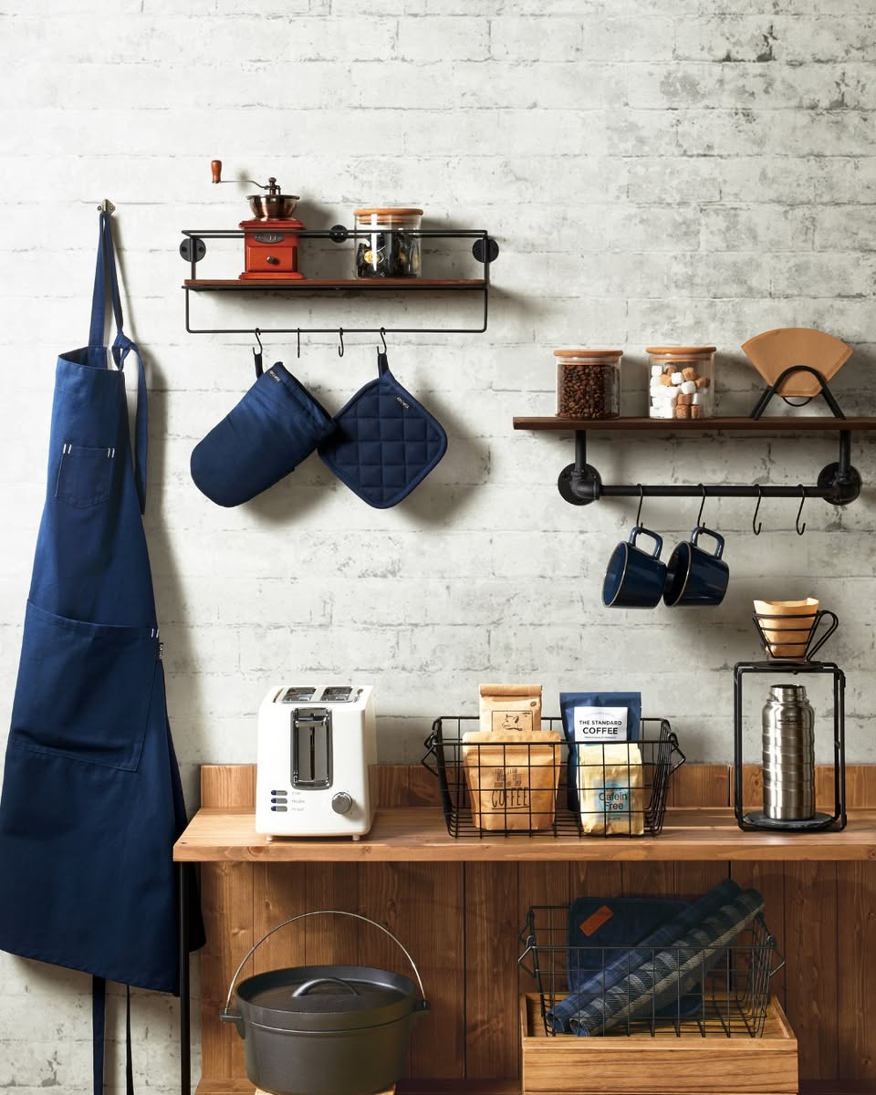 Styled kitchenette display with coffee beans, toaster, and mugs