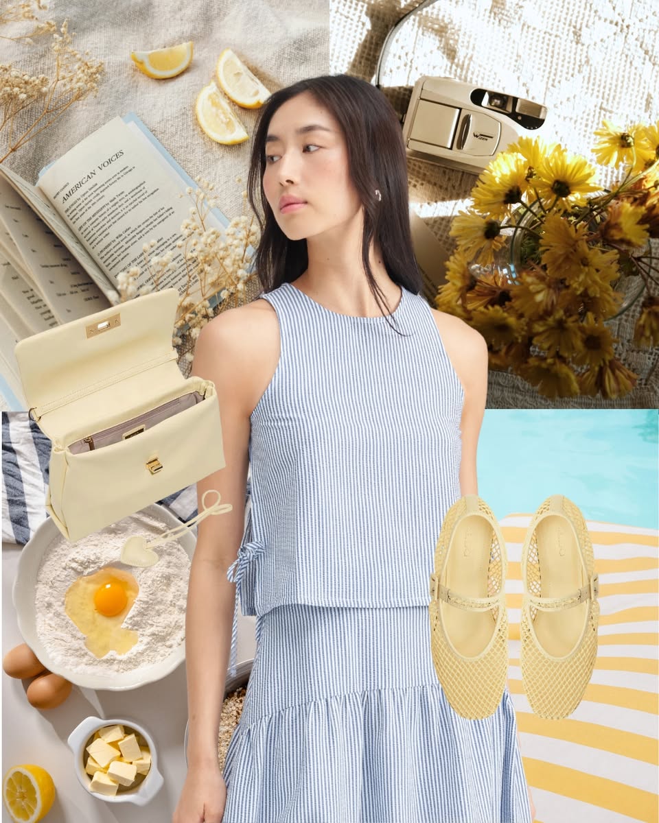 Butter yellow and light blue colour theory fashion collage