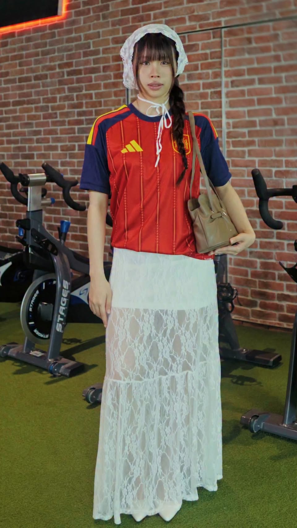Outfit 1 with JD Sports jersey, Cara Club bottoms, Cotton On headband, MUET bag and prettyFIT shoes