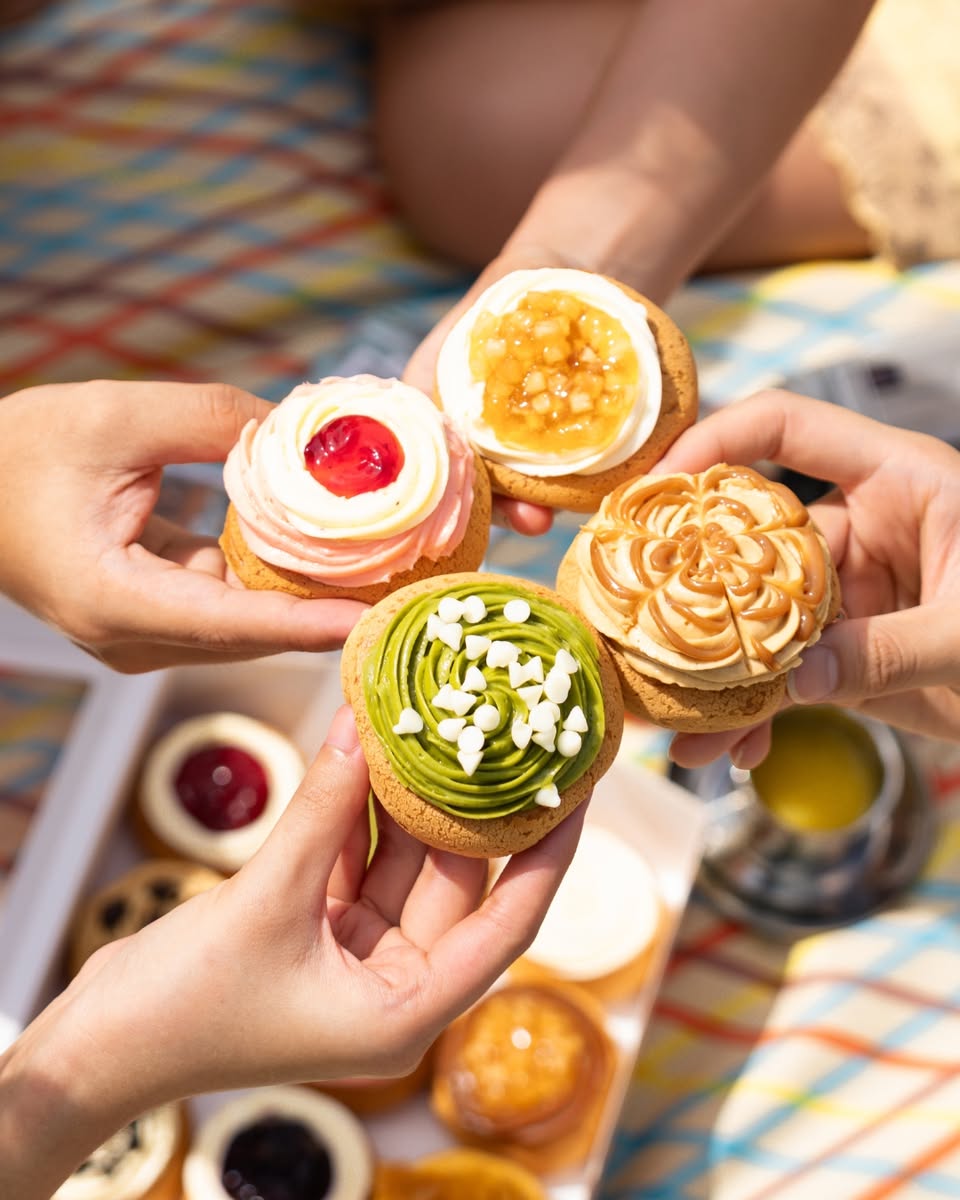 Assorted cookies held by hands at an outdoor setting