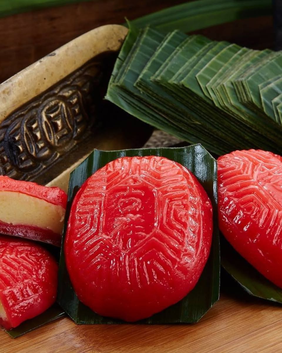 Traditional red tortoise-shaped Ang Ku Kueh pastries