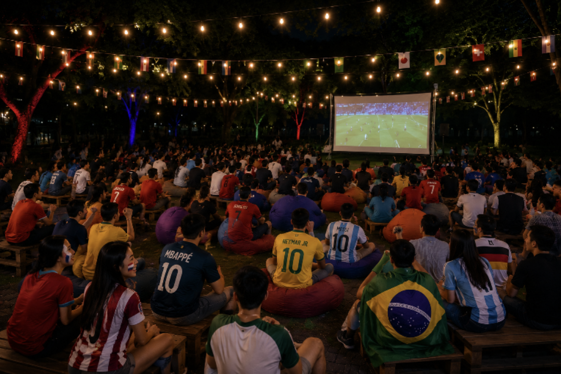 Open-air World Cup 2026 Final screening setup at Chijmes Main Lawn near Bugis Plus Singapore with large screens and crowd
