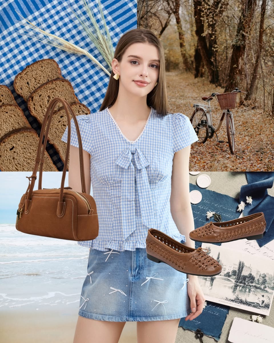 Downtown brown and whispy blue colour theory fashion collage