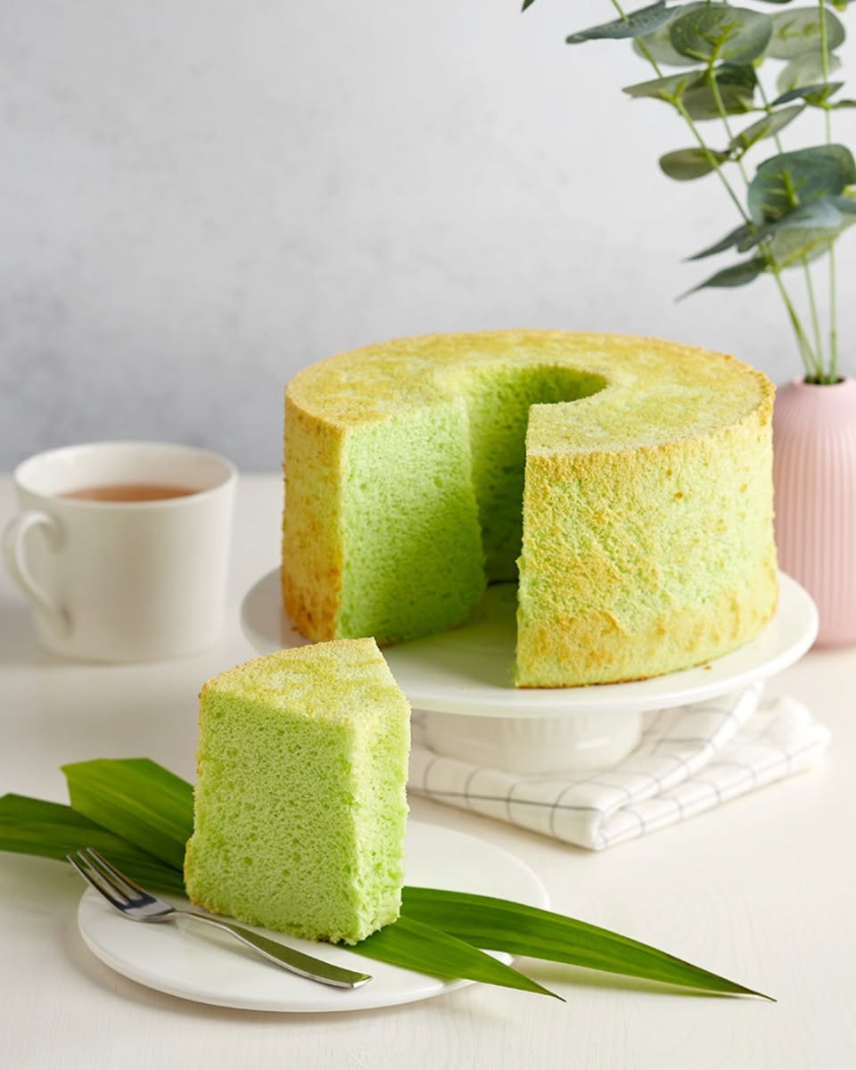 Fluffy green pandan chiffon cake slices