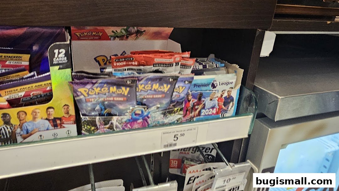 A shelf displaying various trading card packs, including Pokemon and Premier League.