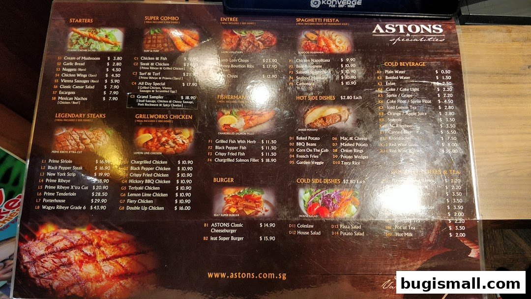 A menu from ASTONS Specialties featuring various steak, chicken, pasta, and beverage options.