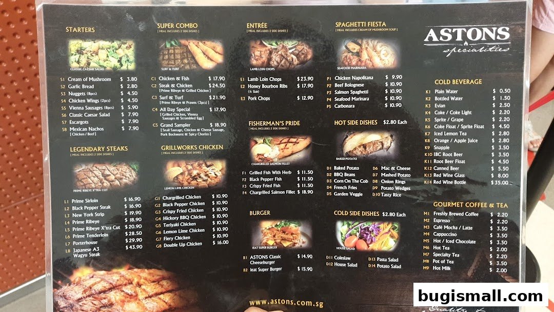 A menu from ASTONS Specialties featuring starters, steaks, chicken, pasta, burgers, and beverages.