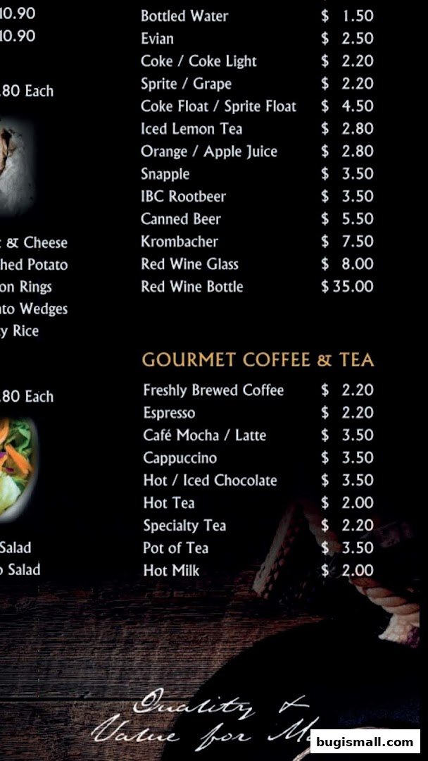 A menu featuring drinks and coffee with prices, including a section for gourmet coffee and tea.