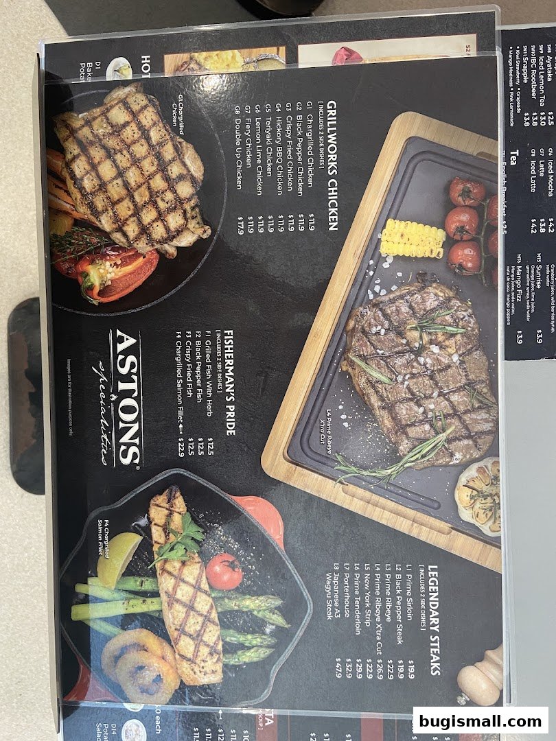 A menu from Aston's featuring grilled chicken, steaks, and fish dishes.