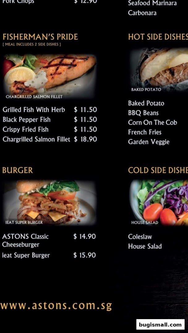 A menu from ASTONS featuring seafood, burgers, and side dishes with prices.