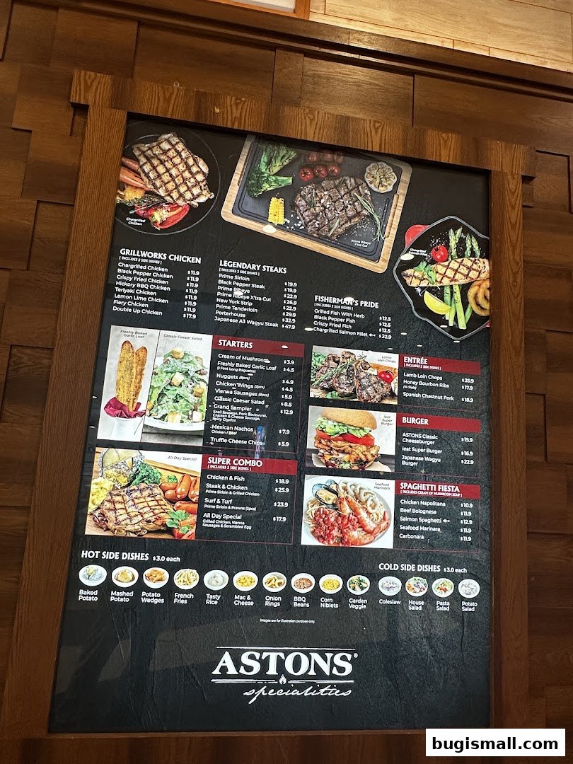 A menu board displaying various grilled dishes, steaks, burgers, and sides from Astons Specialities.
