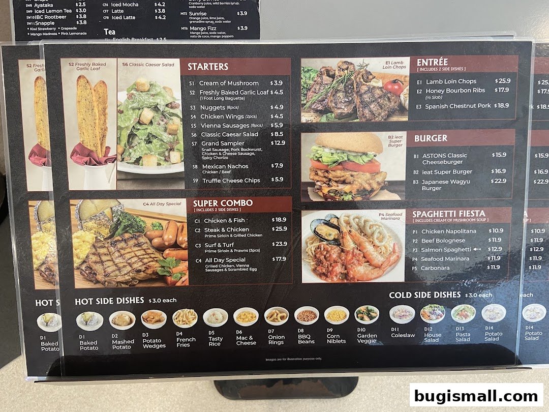 A menu from ASTONS featuring starters, entrees, burgers, combos, and spaghetti dishes.