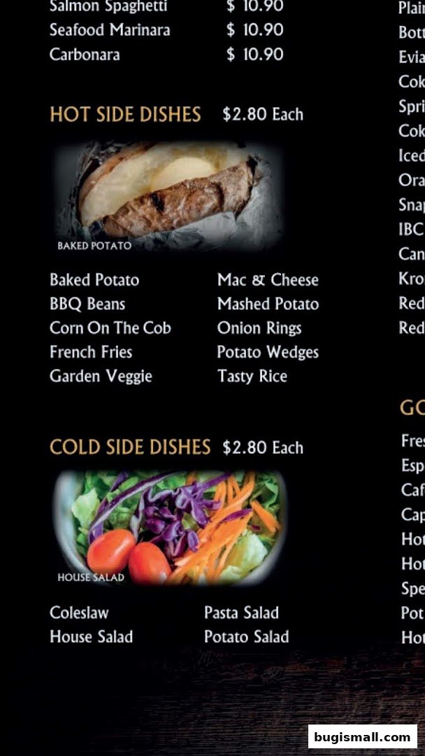 A menu featuring pasta dishes, hot and cold side dishes, and beverages.