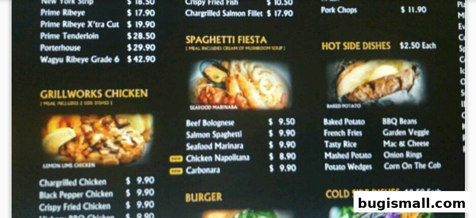A menu board displaying various steak, chicken, pasta, and side dish options with prices.