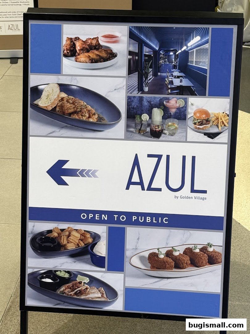 A-frame sign for AZUL by Golden Village showcasing food and interior.