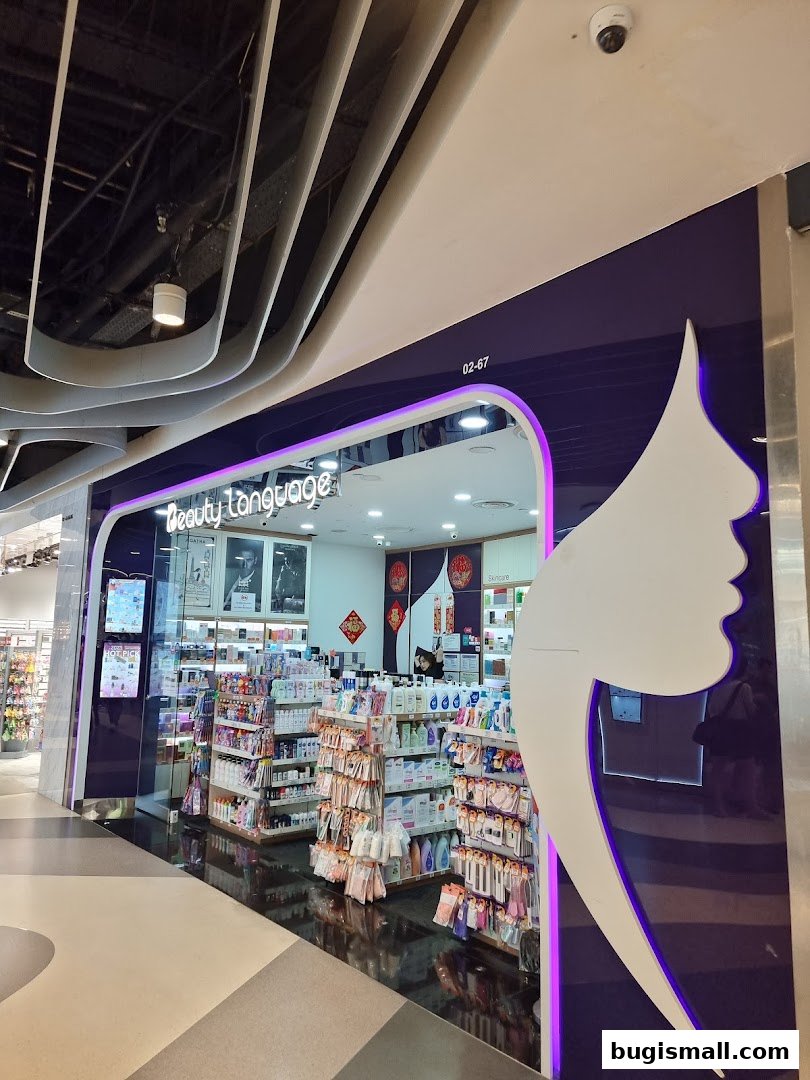 The entrance of Beauty Language, a shop filled with beauty products and skincare items.