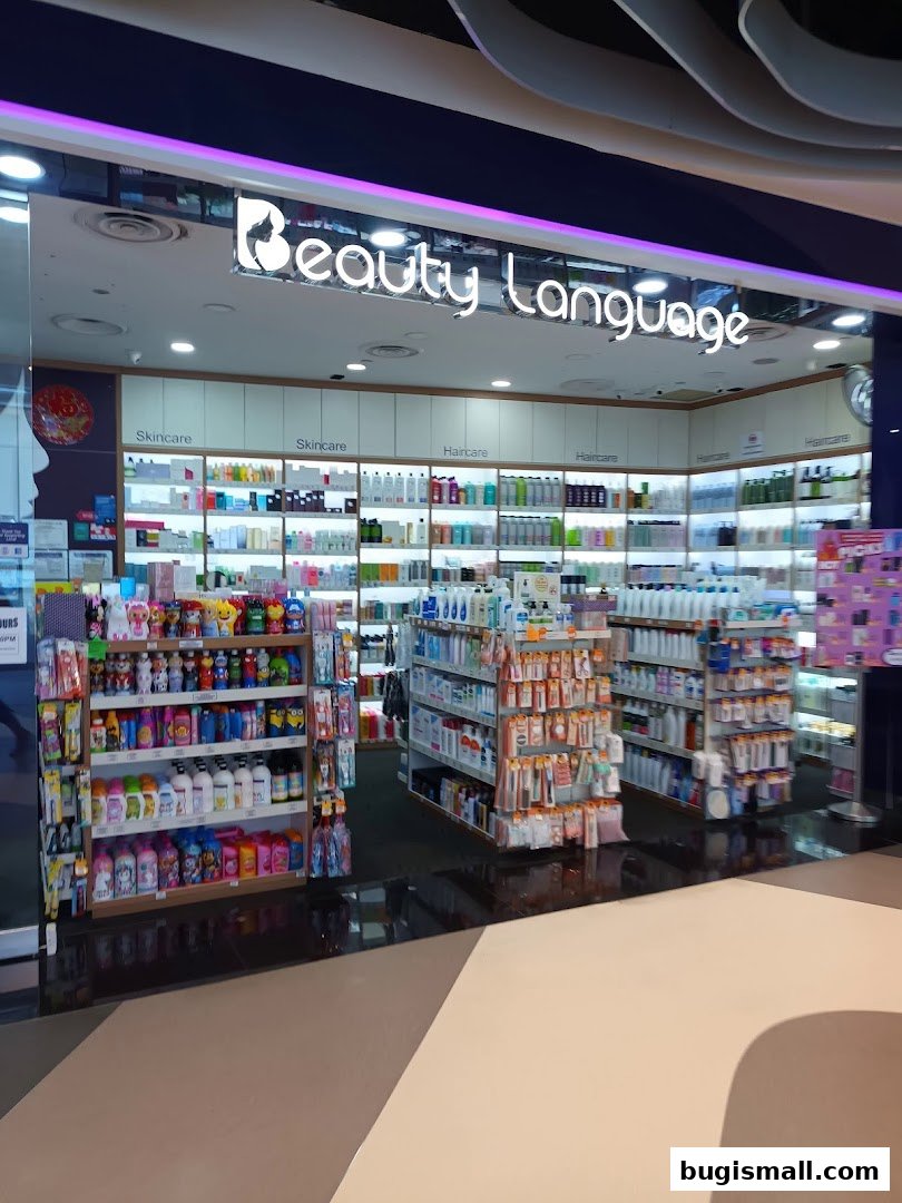 The entrance of Beauty Language shop, showcasing shelves stocked with skincare and haircare products.