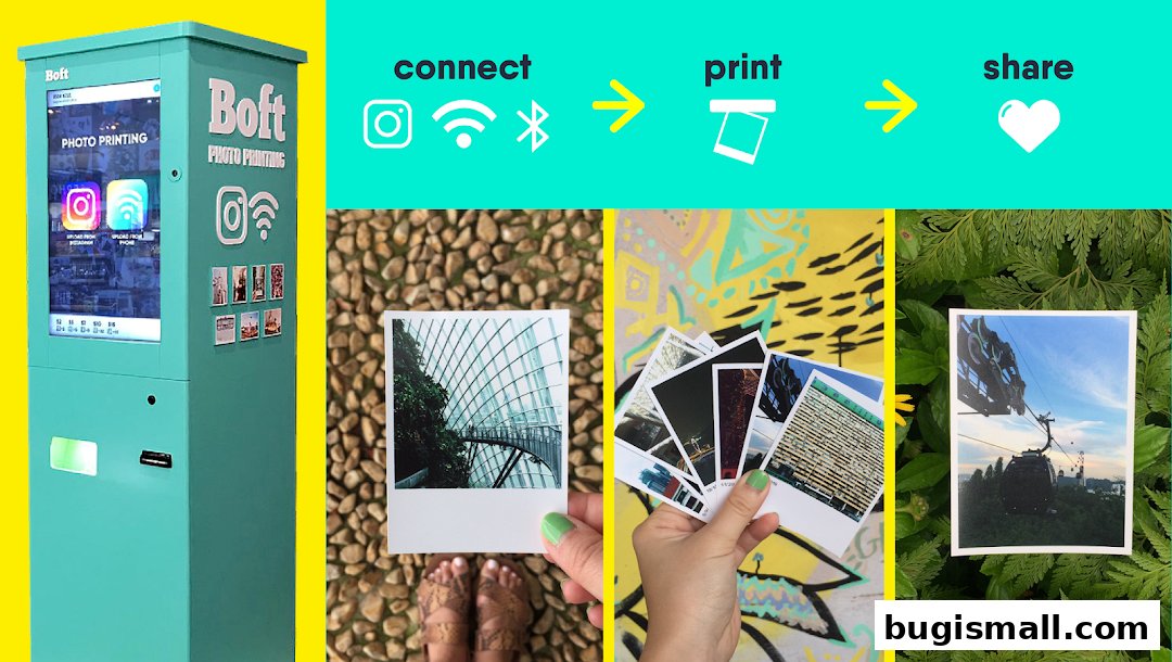 A Boft photo printing machine and examples of instant photo prints.