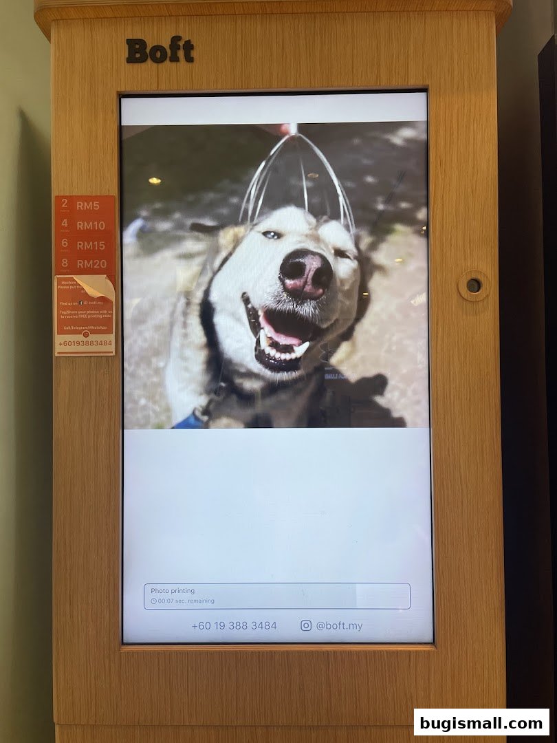A Boft photo printing machine displaying a happy dog picture and printing options.