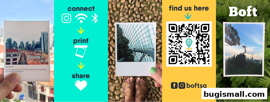 Collage of images showcasing photo printing services, social media icons, and a QR code.