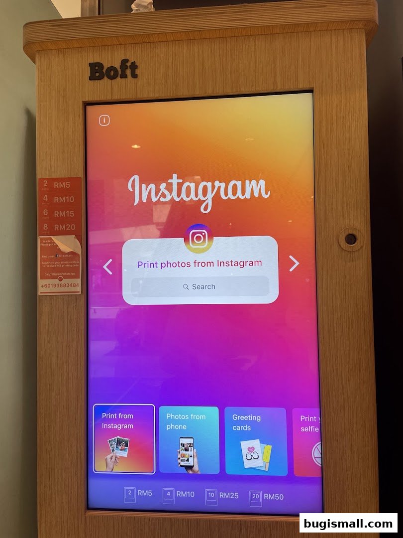 A Boft photo printing machine displaying an Instagram interface for printing photos.