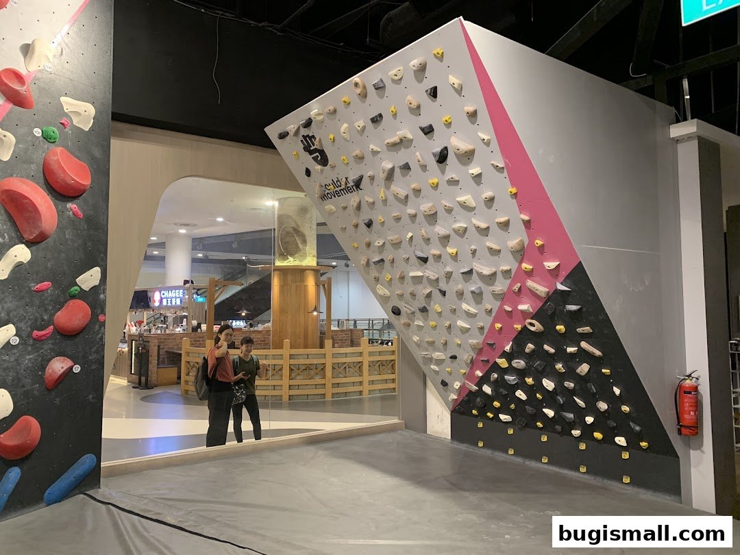 Interior view of a bouldering gym with climbing walls and people.