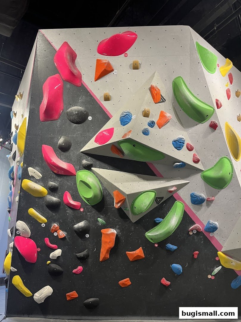 A colorful and challenging bouldering wall with various climbing holds.
