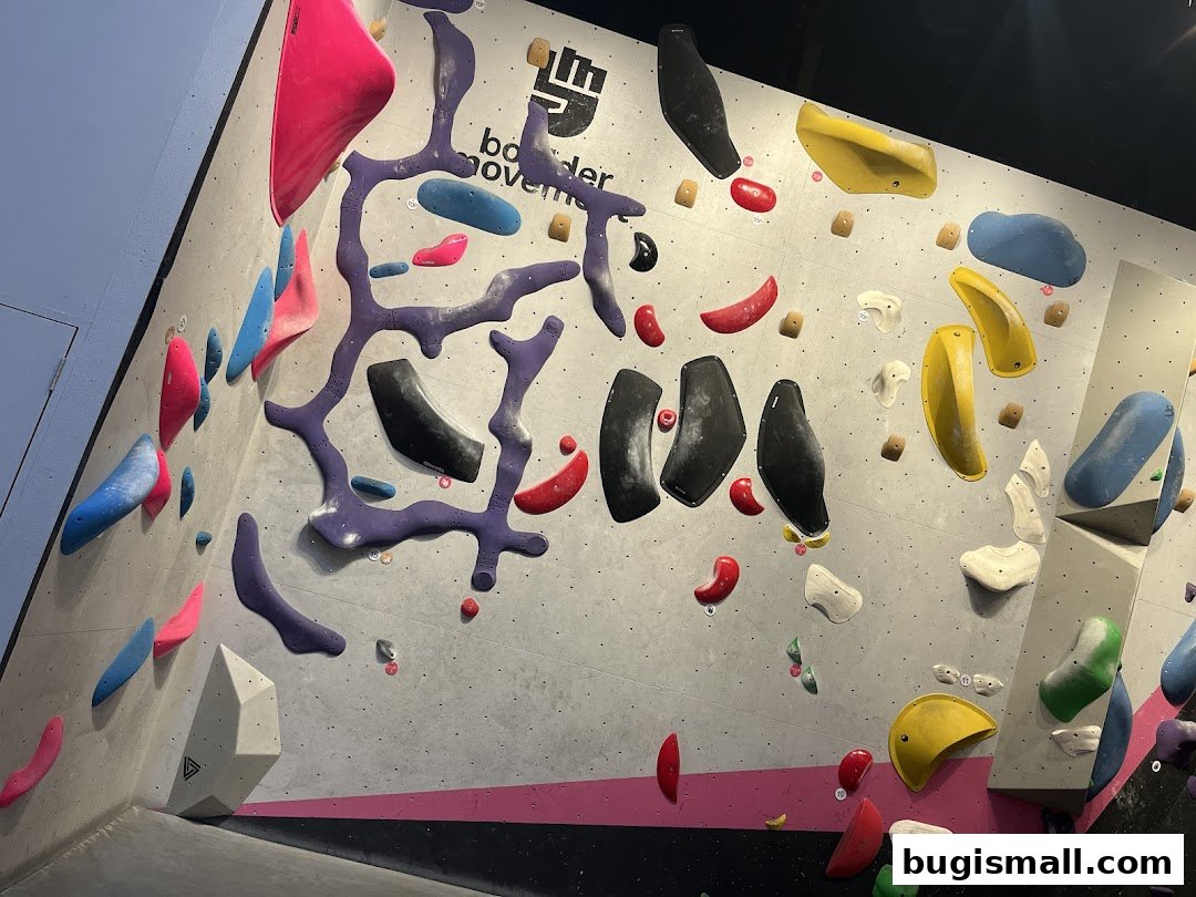 A colorful bouldering wall with various climbing holds and the Boulder Movement logo.