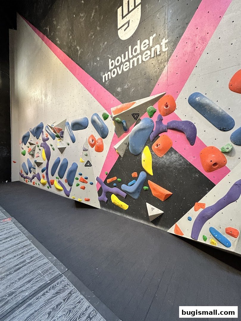 A colorful bouldering wall with various climbing holds and the Boulder Movement logo.