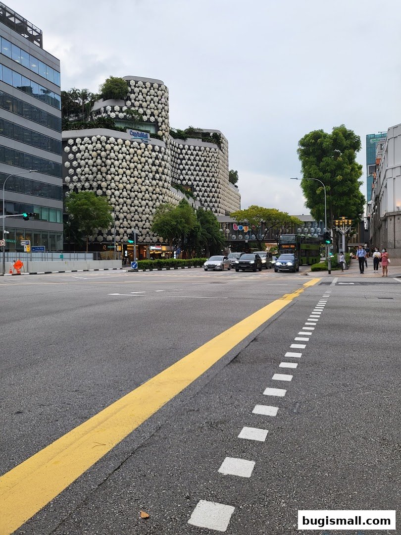 A street view of the CapitaMalls Asia Limited - Bugis building with unique facade.