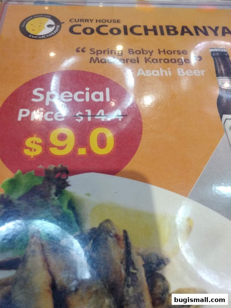 A menu item from CoCo Ichibanya featuring fried fish and a special price.