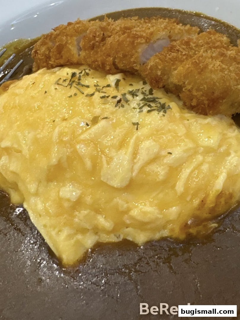 A close-up of a delicious Japanese curry with omelet and fried chicken.