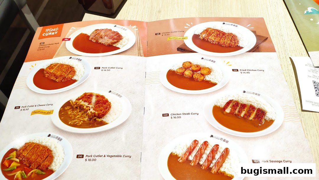 A menu from CoCo Ichibanya featuring various curry dishes with meat and vegetables.