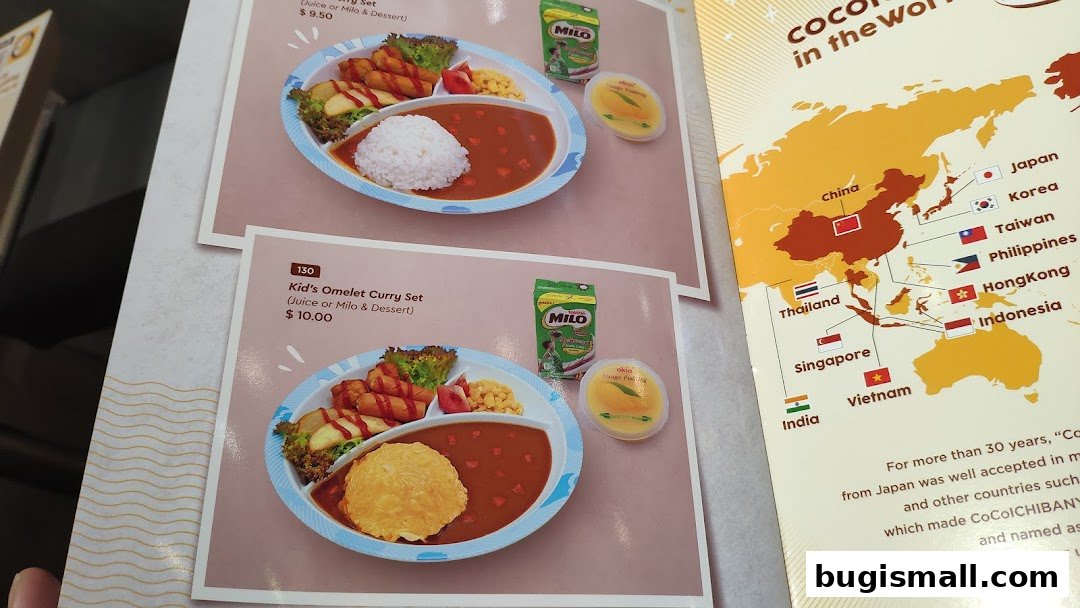 A menu featuring CoCo Ichibanya's curry sets with rice, sides, and drinks.