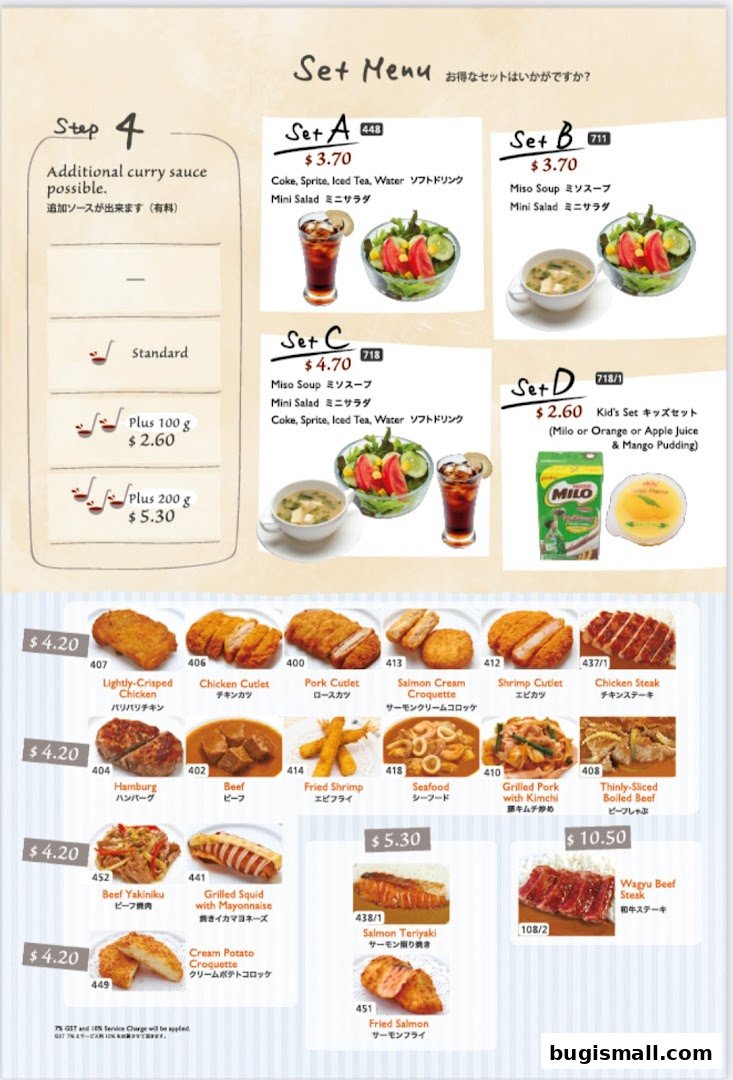 A menu showcasing various set meals and individual dishes with prices and descriptions.