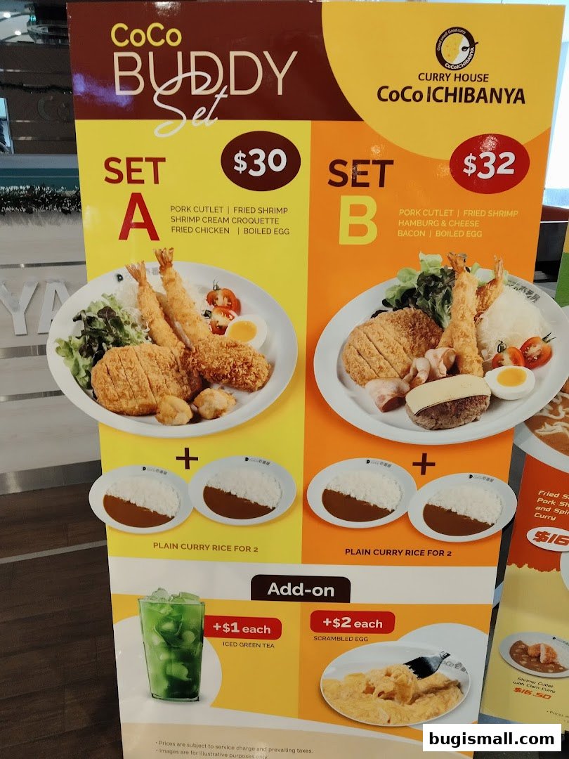CoCo Ichibanya Buddy Sets A and B with add-on options for drinks and sides.