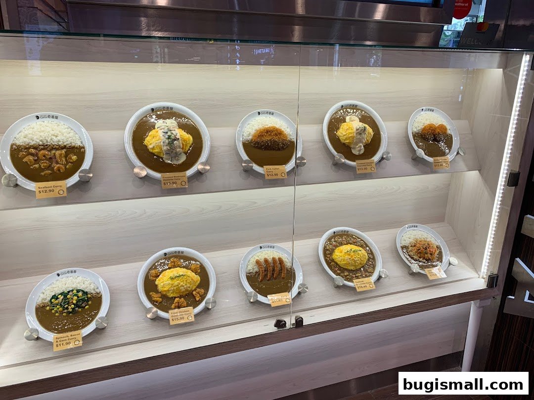 Display case showcasing various Japanese curry dishes with realistic food models and prices.