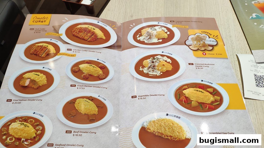 A menu featuring various omelet curry dishes with appetizing images and prices.