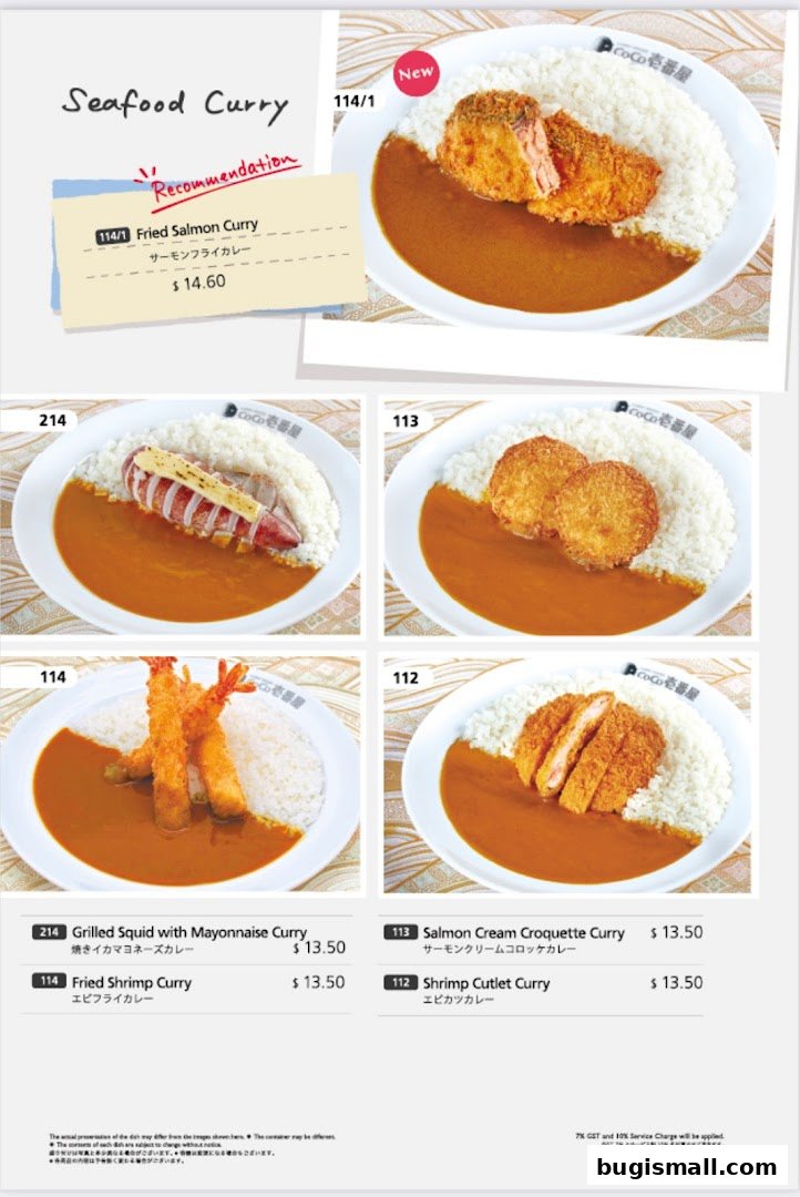 A menu showcasing various seafood curry dishes with prices and descriptions.
