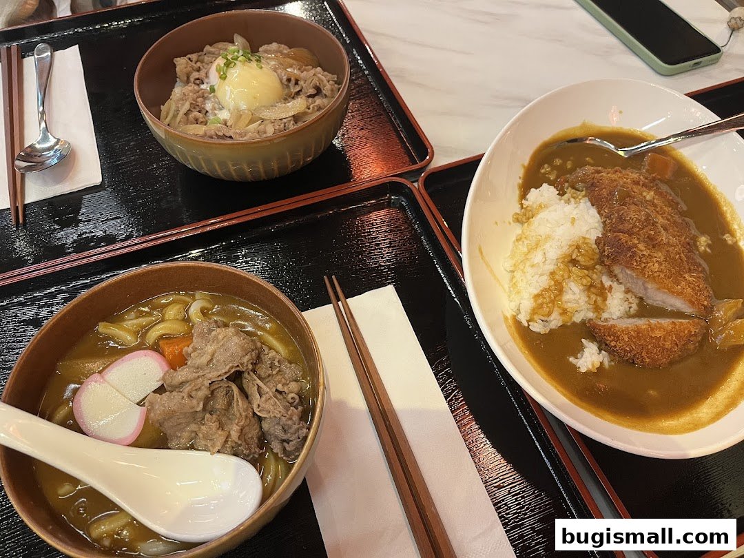 Delicious Japanese curry with katsu, beef udon, and a beef rice bowl.