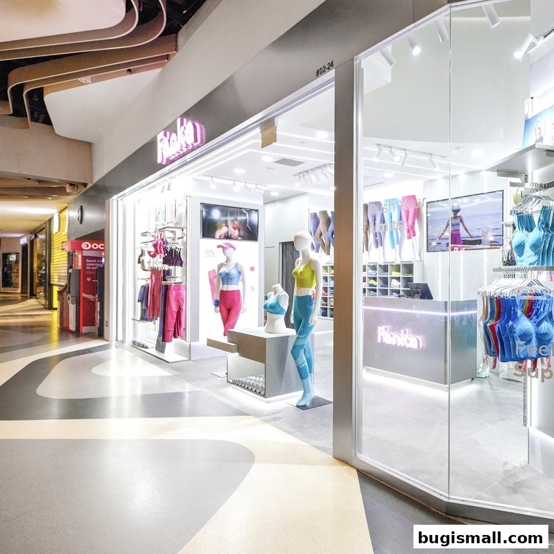A bright and modern sportswear shop with mannequins displaying activewear and a clean interior.