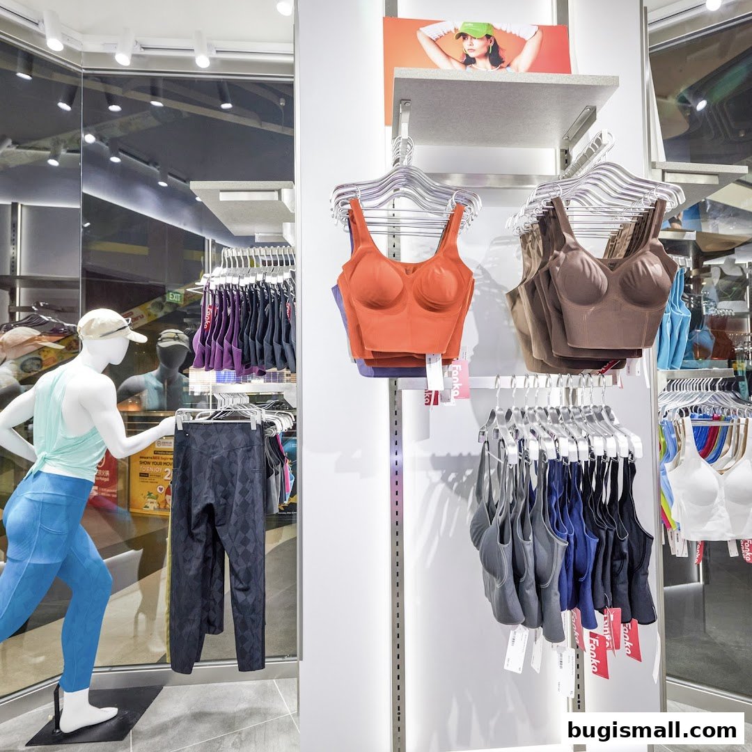 A retail store display featuring athletic wear, including bras, leggings, and a mannequin.