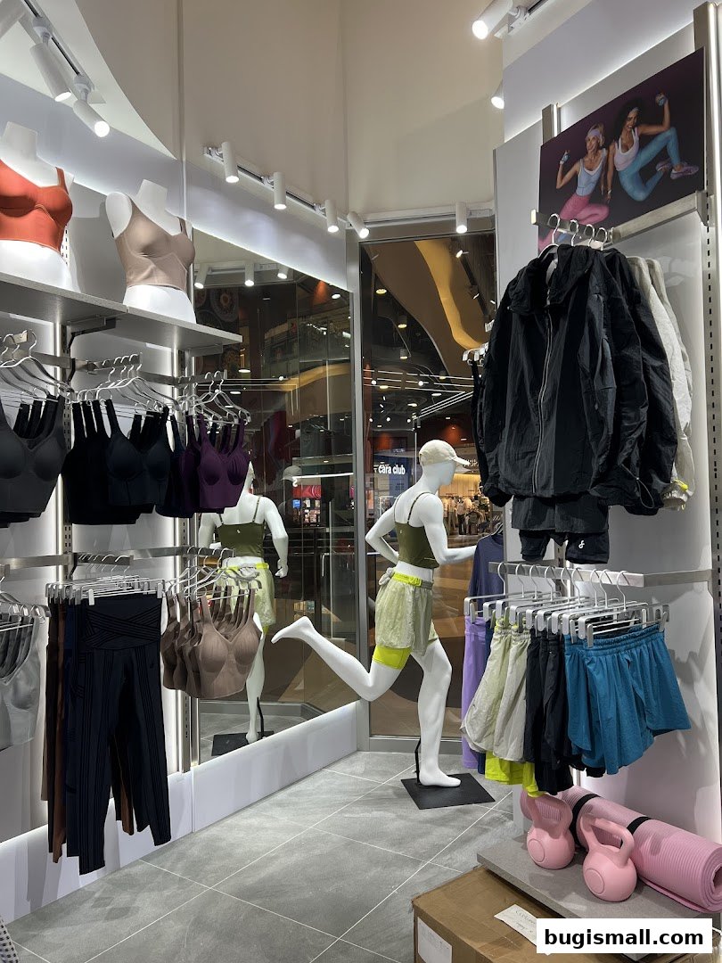 Interior of a Fanka Singapore Bugis shop showcasing activewear and fitness accessories.
