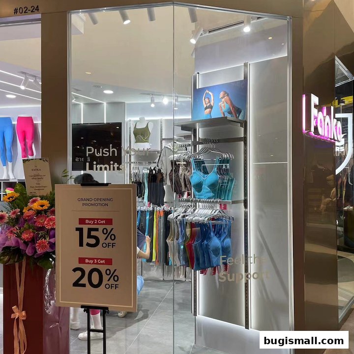 Fanka Singapore Bugis shop front displaying activewear and a grand opening promotion.