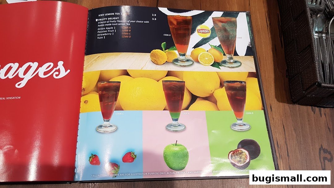 A menu page showcasing iced lemon tea with various fruit flavors and images.