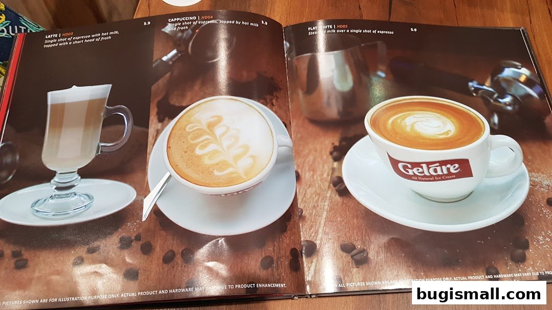 A menu page from Geláre featuring latte, cappuccino, and flat white coffee drinks.