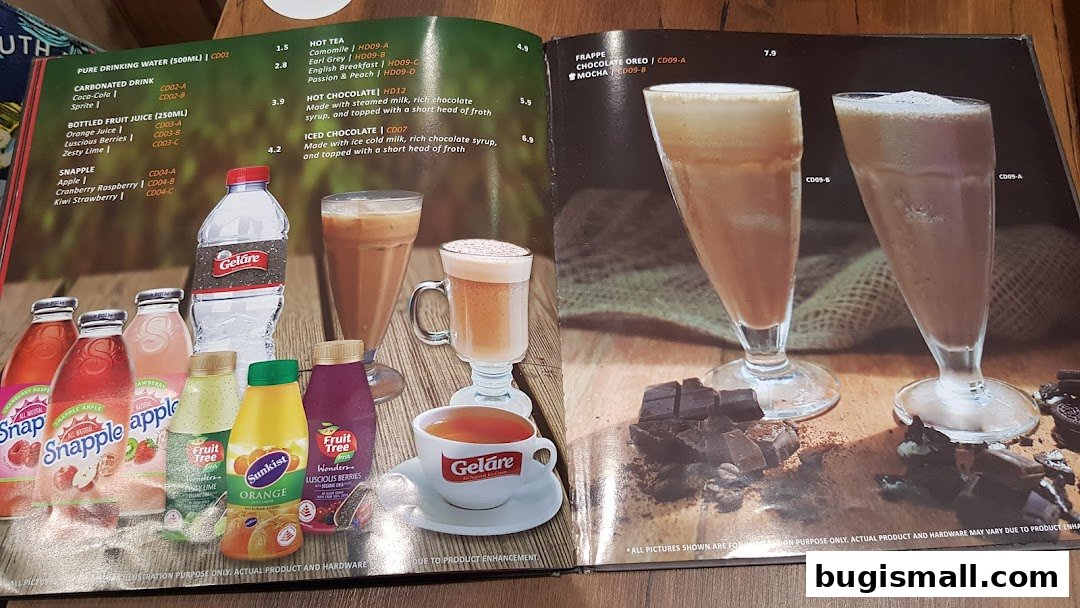 A menu from Geláre Bugis featuring various drinks like hot tea, hot chocolate, iced chocolate, and frappes.
