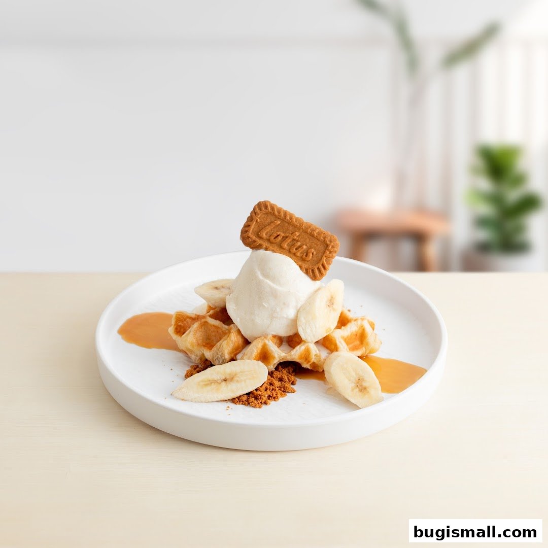 A delicious waffle dessert with ice cream, banana slices, and a Lotus biscuit.