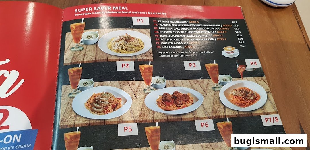 A menu page from Geláre Bugis showcasing Super Saver Meals with pasta dishes and drinks.